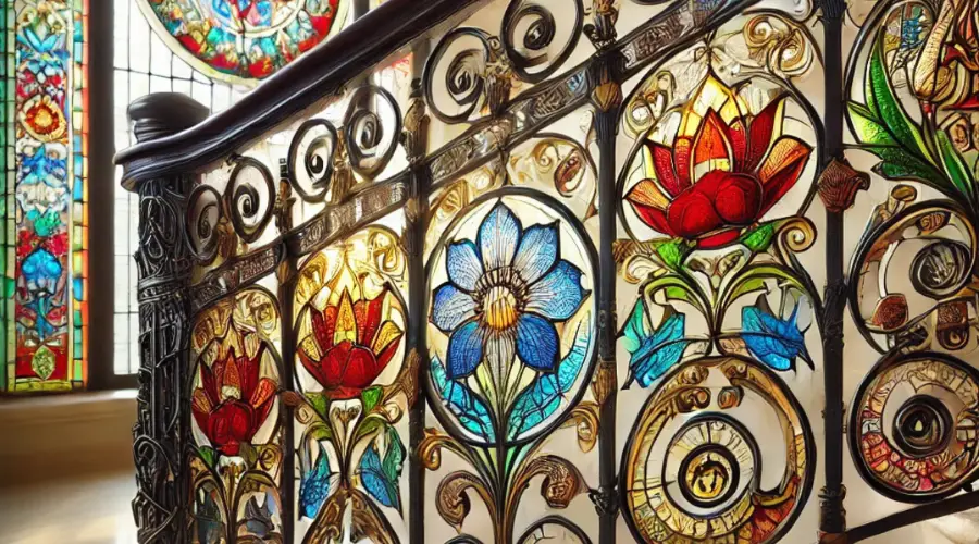 Wrought Iron Railing with Stained Glass