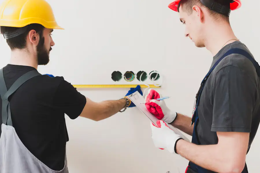 Electricians working on an Electrical Wiring work in a newly constructed house