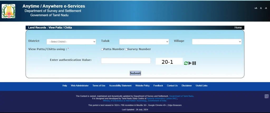 Land records View patta chitta application form